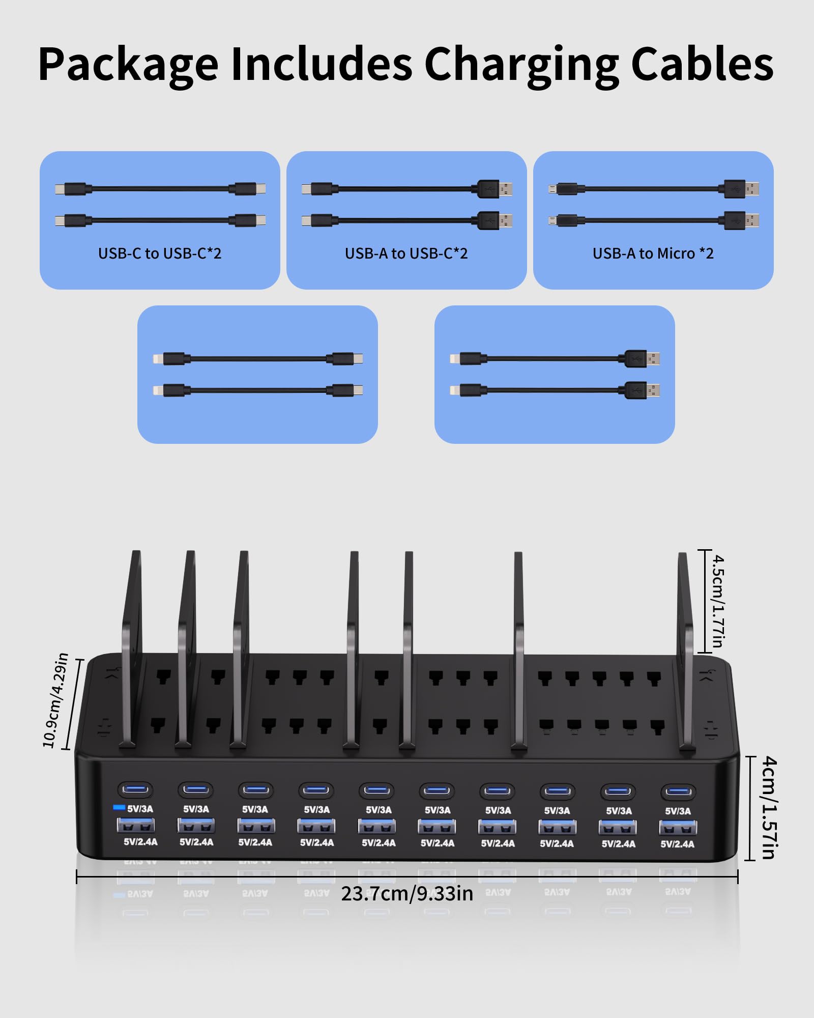 Estación de carga de 270 W para múltiples dispositivos, estación de carga rápida USB de 20 puertos con divisores ajustables y 10 cables, base de carga organizadora de múltiples dispositivos para