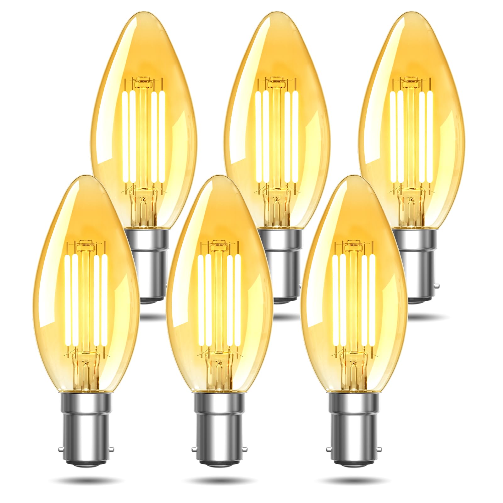 TobeBright 6Pack Small Bayonet Candle Bulbs Warm White 2200K B15 Vintage LED Light Bulb, 4W Equivalent to 40W,C35 Retro LED Filament Bulb SBC, Non-dimmable B15 LED Bulb for Chandeliers, Night Light