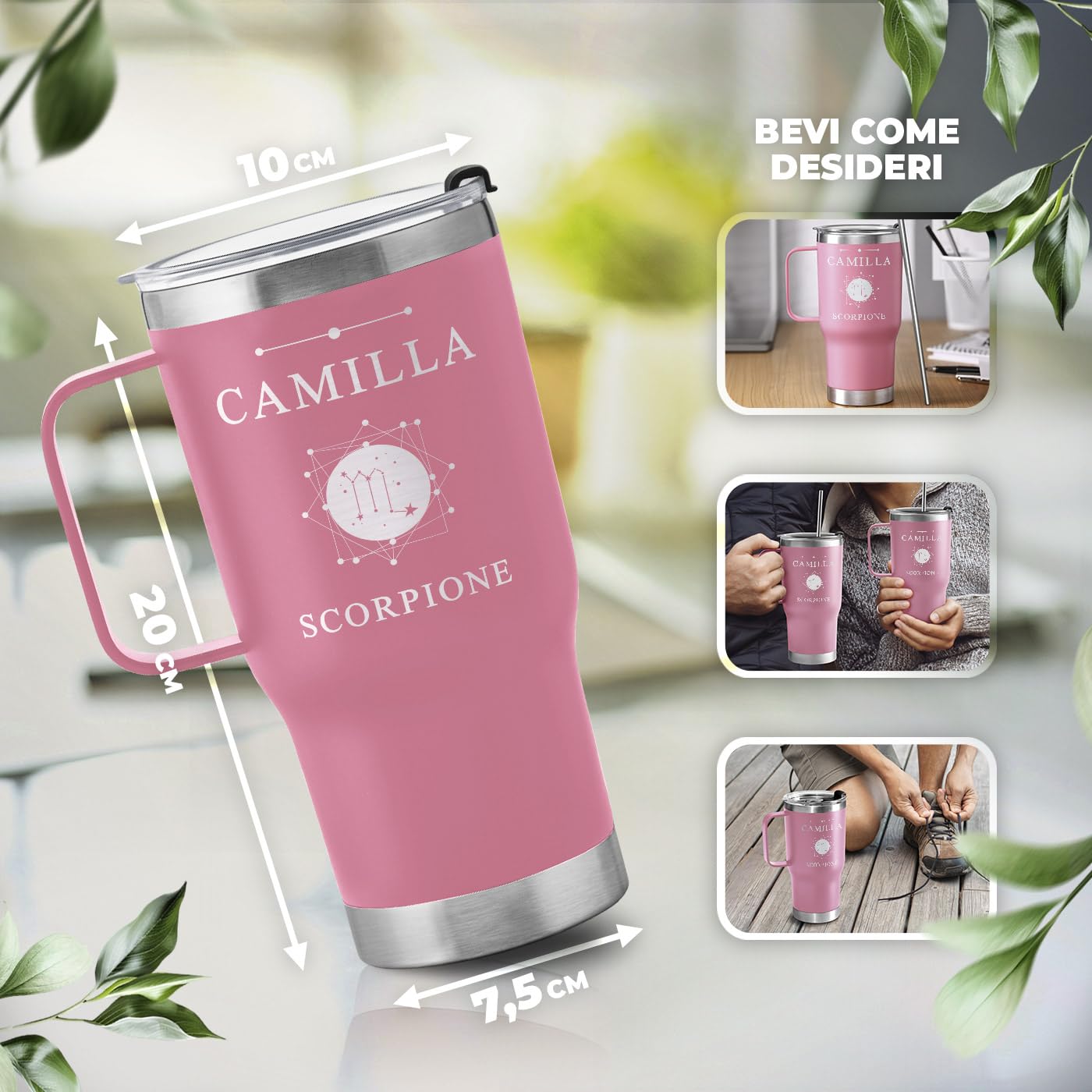 Maverton Tazza termica con manico e cannuccia 600ml - Borraccia con cannuccia acciaio inox - Bicchiere termico rosa - Tazza personalizzata per viaggio accessori utili - Idee regalo donna compleanno