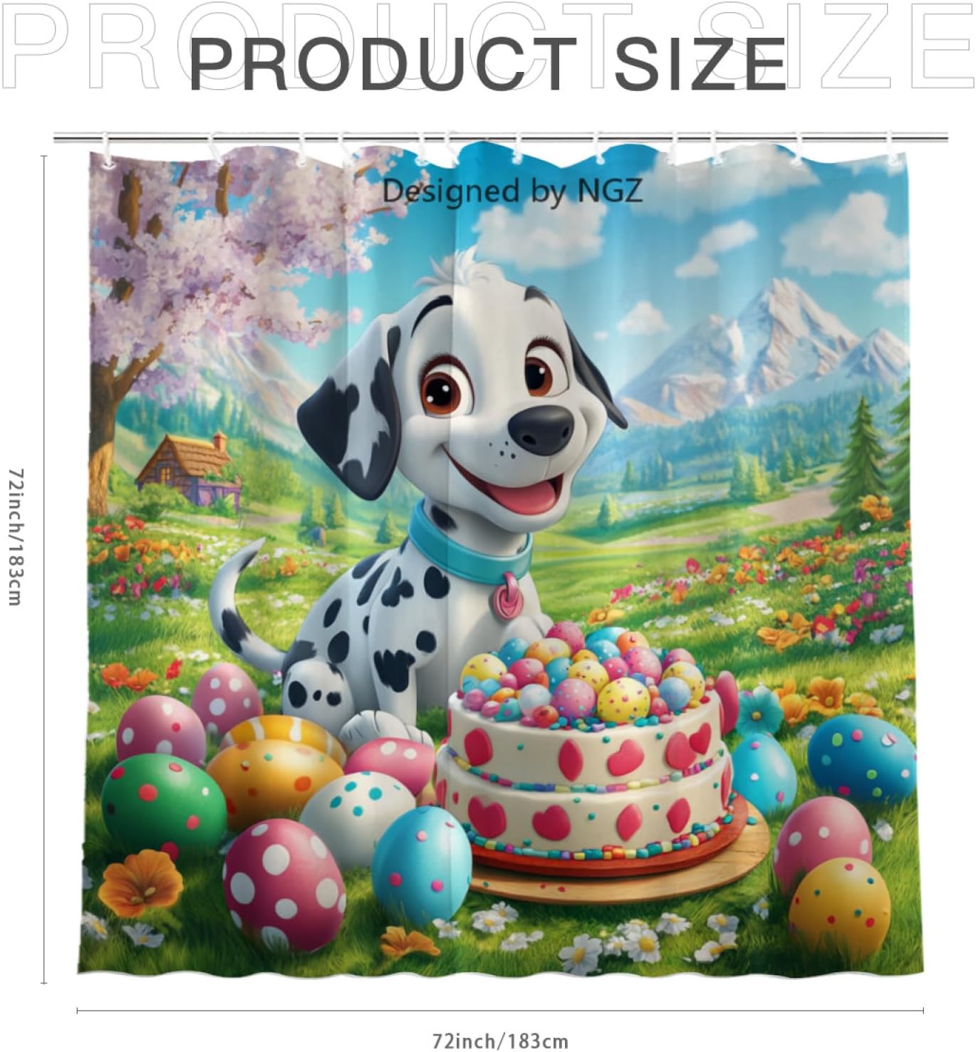 NGZ Easter Dalmatian Shower Curtain 72 x 72 Inches, Easter Happiness Dalmatian in Garden Scene with Cake, Spring Floral Shower Curtain Set with 12 Hooks for Bathroom Decor