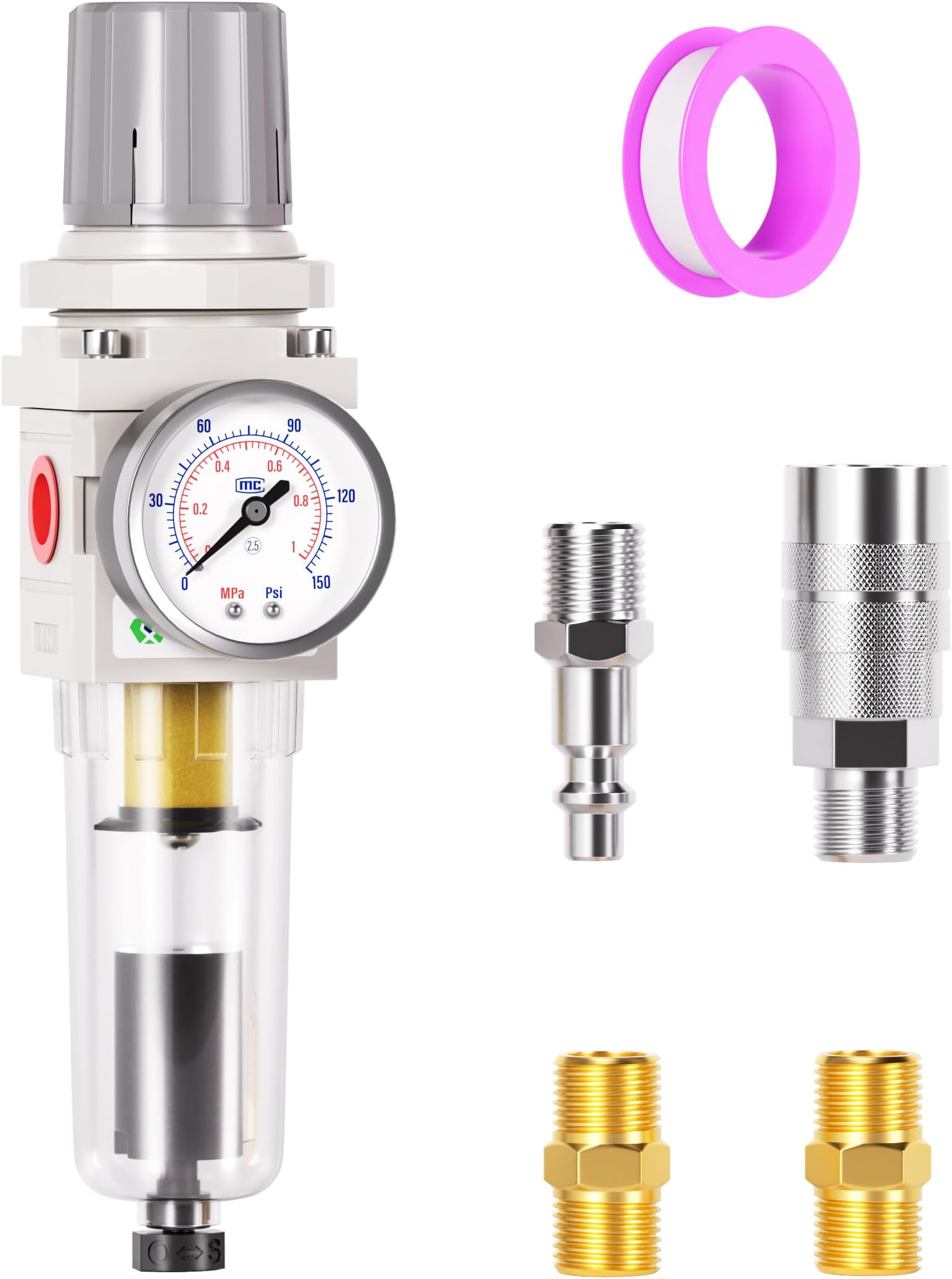 TAILONZ Pneumatic 1/4 Inch NPT Automatic Drain Air Filter Pressure Regulator Combo Piggyback, Air Tool Compressor Filter with Gauge AW2000-02D