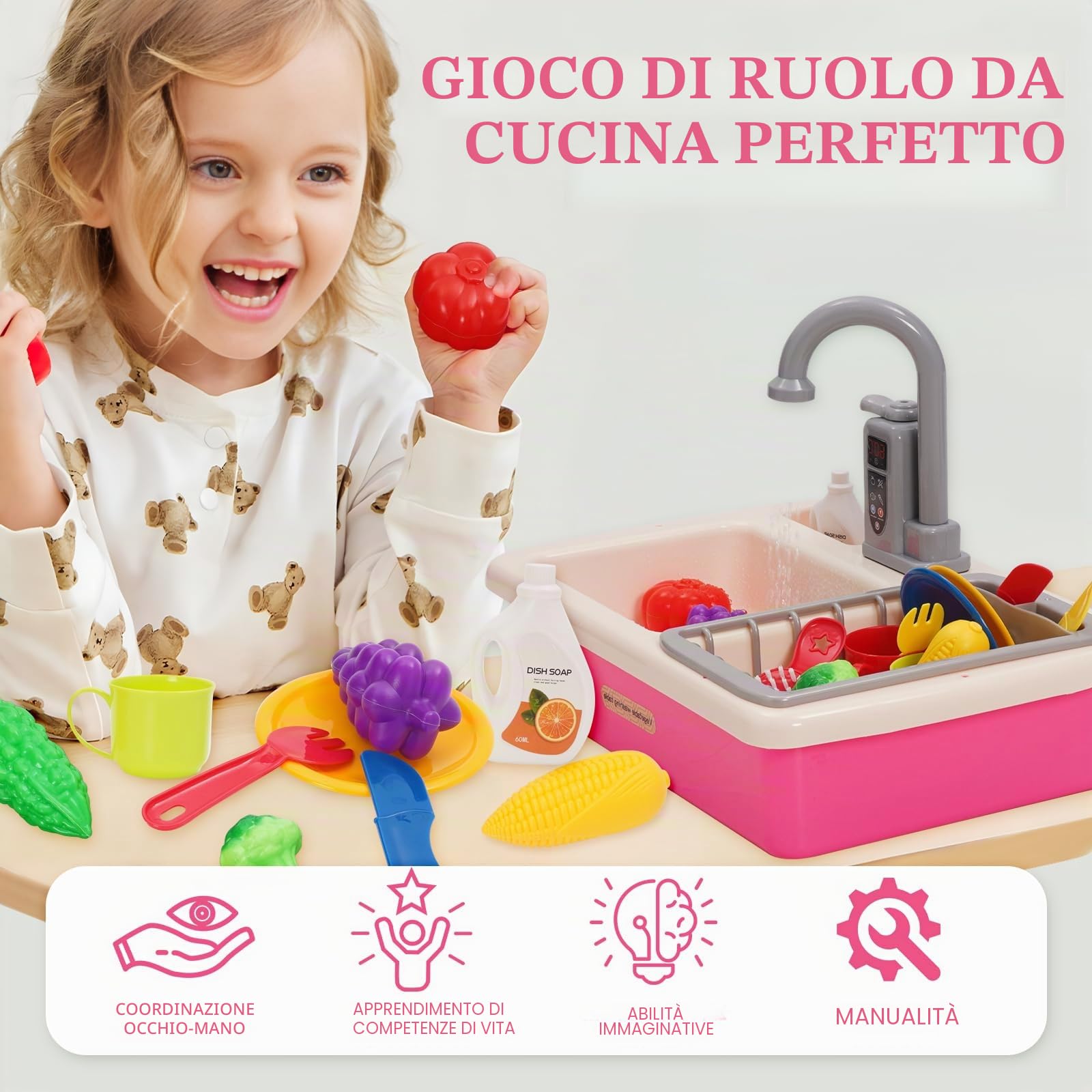 Lavello da gioco per bambini, set di giocattoli con circuito dell'acqua, rubinetto elettrico, lavandino gioco di ruolo per bambini, accessori da cucina, gioco di ruolo per bambini 3+