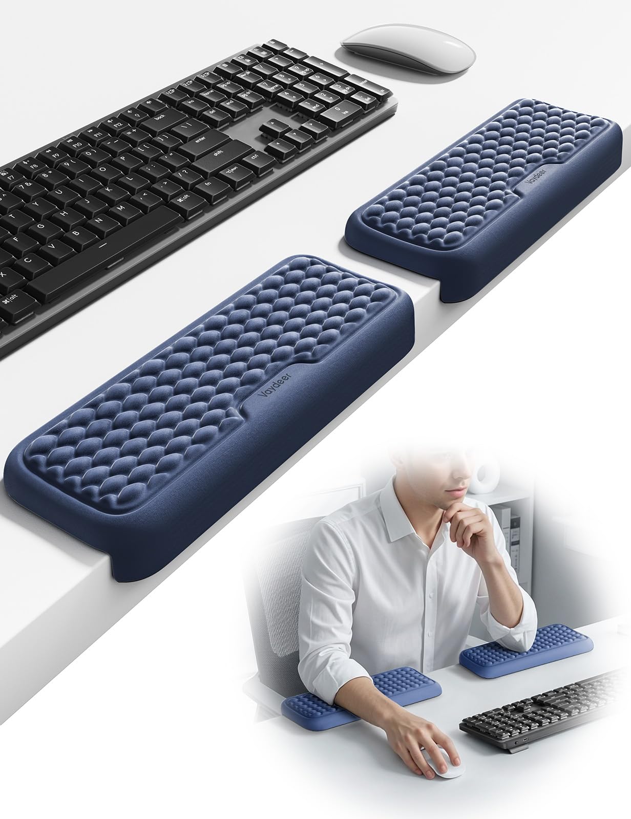 VAYDEER 2 Pz Poggiapolsi Memory Foam Antiscivolo Ergonomico per Scrivania Ufficio Gaming Blu