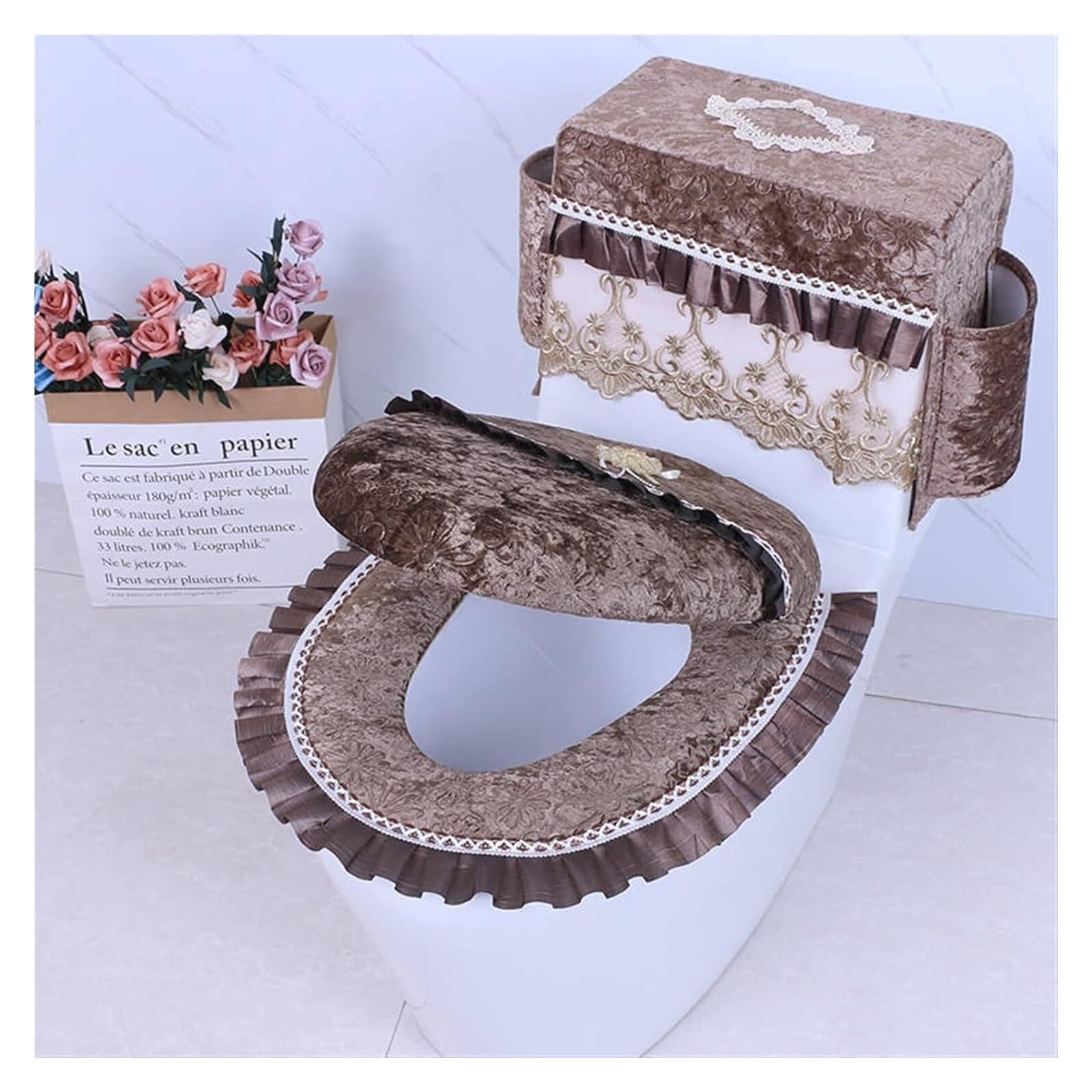 OPFdfhDFH Toilet seat covers, toilet seat cushion,Plush Toilet Lid Cover Case with Lace Seat Covers Warm Soft Bathroom Cushion Mat Universal(Brown)
