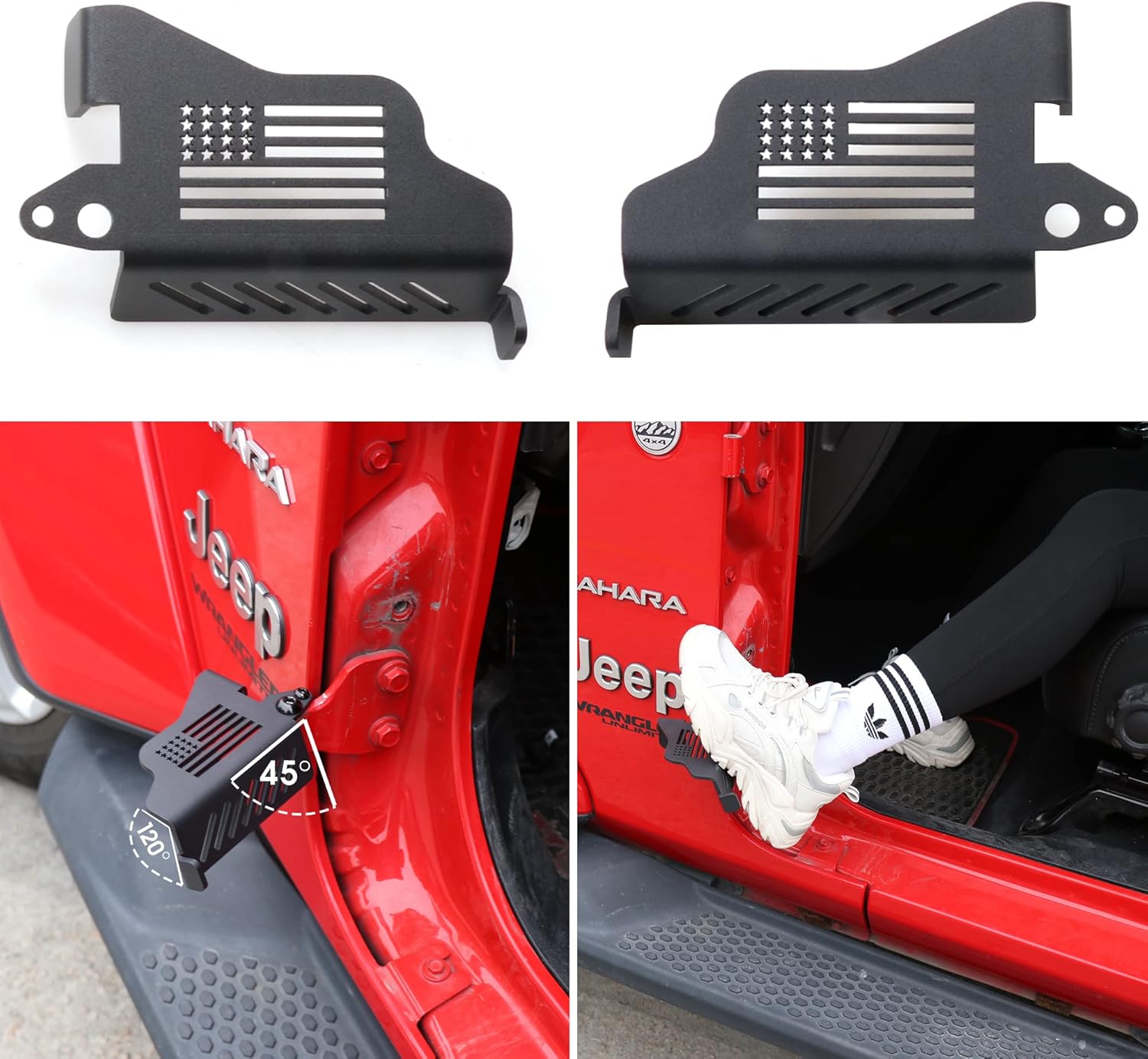 sukemichi Foot Pegs Doors Off for Jeep JK JL JT, Exterior Foot Rest Pedals Door Hinge Foot Peg for 2007-2025 2026 Jeep Wrangler JK JL 4XE 4 Door 2 Door Gladiator JT Accessories, Steel, 1 Pair (Flag)
