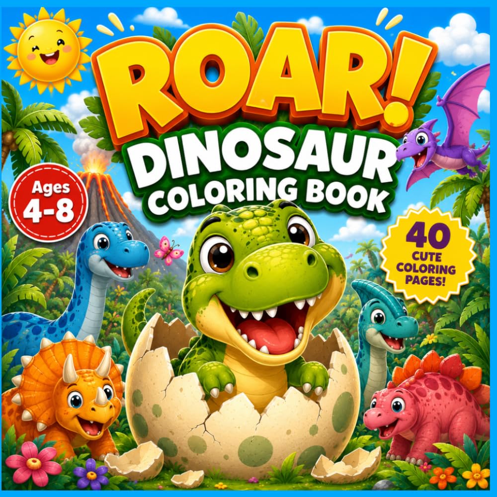 Roar! Dinosaur Coloring Book: 40 Cute & Easy Dinosaur Coloring Pages for Kids Ages 4-8