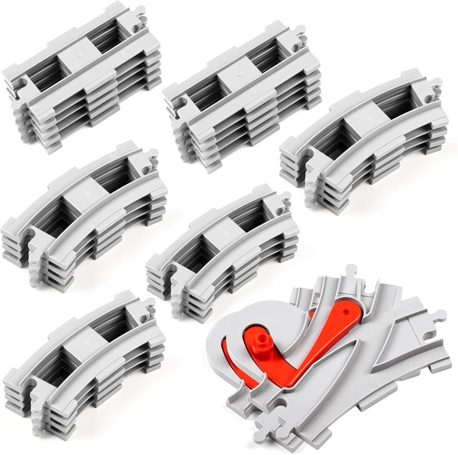 MANNIDOO 34 Pieces Train Bridge Tracks, Classic Railway Track with 12 Curved Tracks, 12 Straight and Bridge Tracks - Compatible with All Major Brands, Toy Track Accessory for Kid, Light Grey
