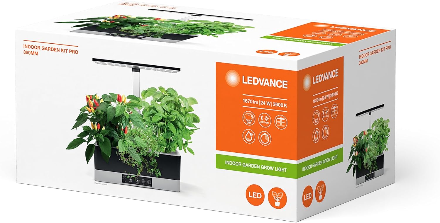 Close-up of the LEDVANCE Indoor Garden KIT Pro 360 BK showing the control panel and planting pots.