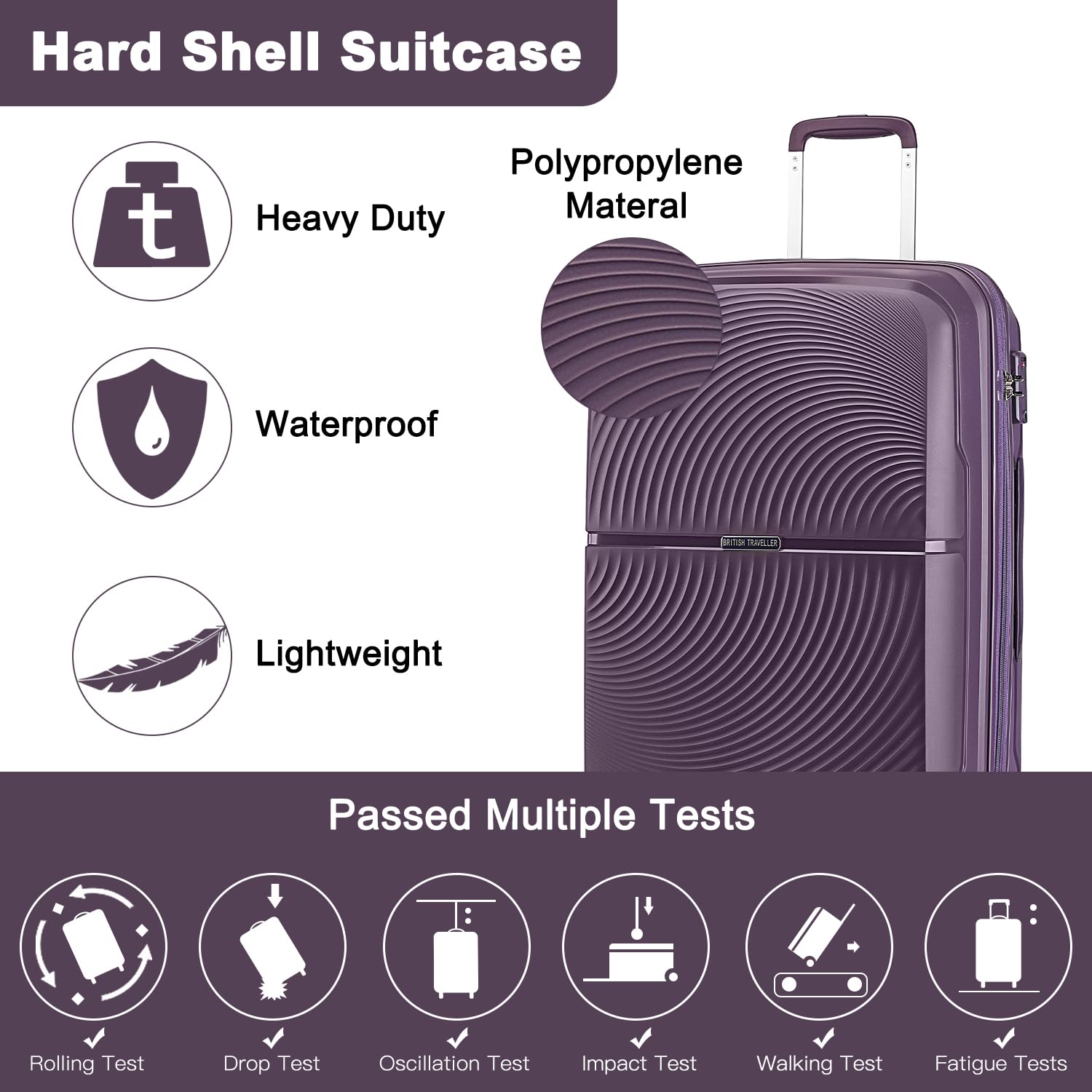 British Traveller Valigia Trolley Polipropilene Valigia Bagaglio a mano Leggero con Ruote, 55cm, Viola