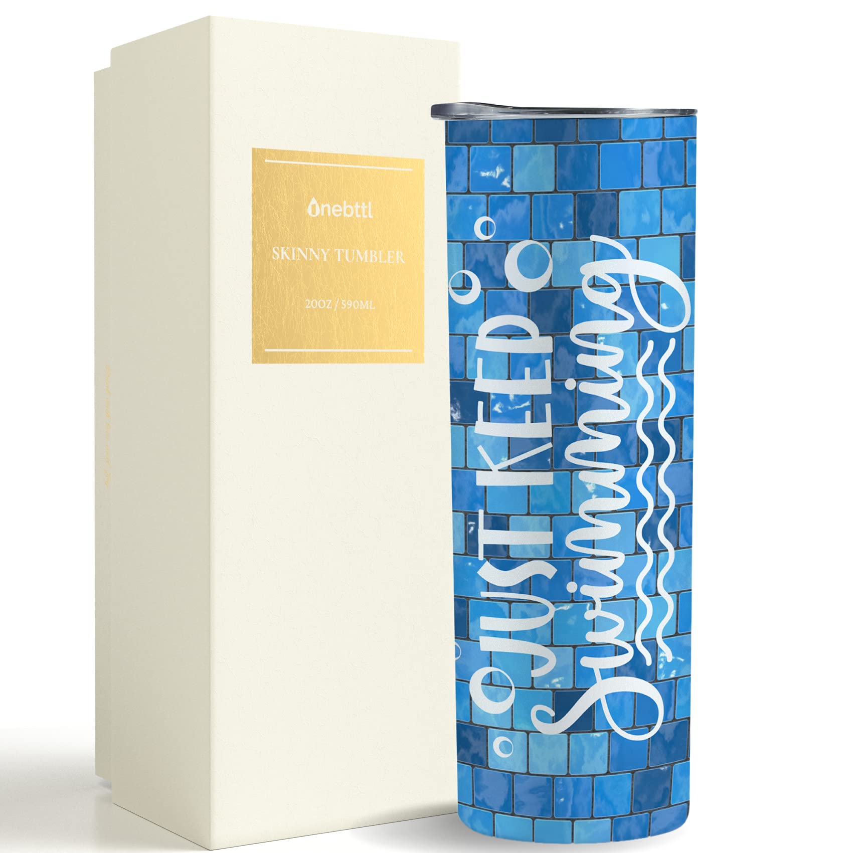 Onebttl Swimming Gifts, Swimmer Stainless Steel 20oz Skinny Tumbler for Women, Men, Teen Girls, Teammate, Coach, Swimming Pool Tiles - Just Keep Swimming