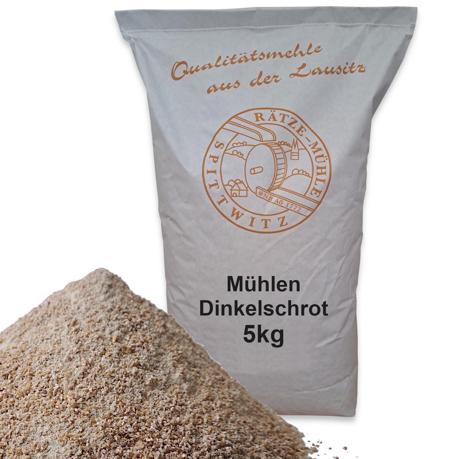 Mühlen Dinkelvollkornschrot/Dinkelschrot miitel 5kg frisch aus der Rätze-Mühle 100% regional und natürlich Dinkel geschrotet