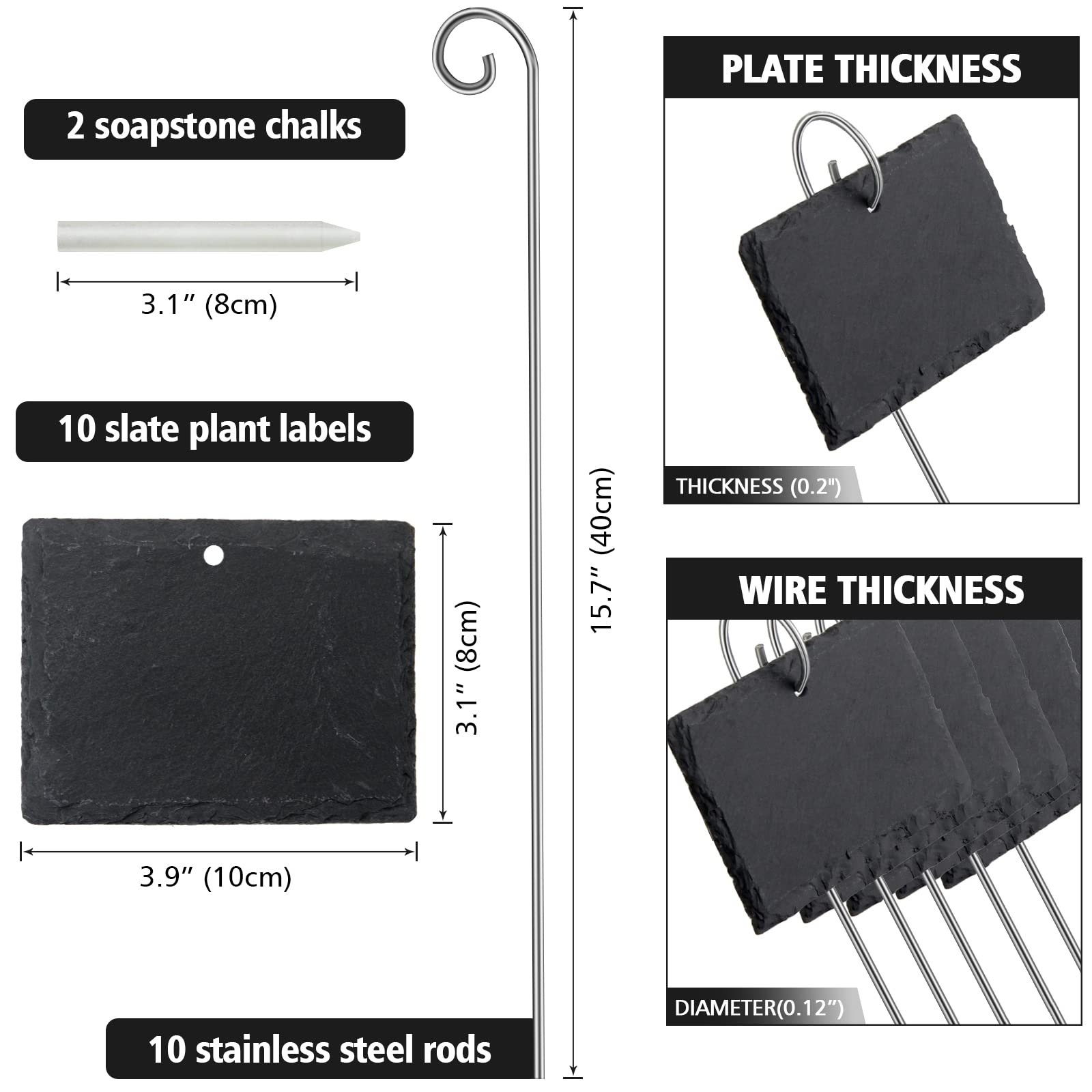 Poeland Lot de 10 plaques en ardoise pour plantes, résistantes aux intempéries, réutilisables, avec tige en métal