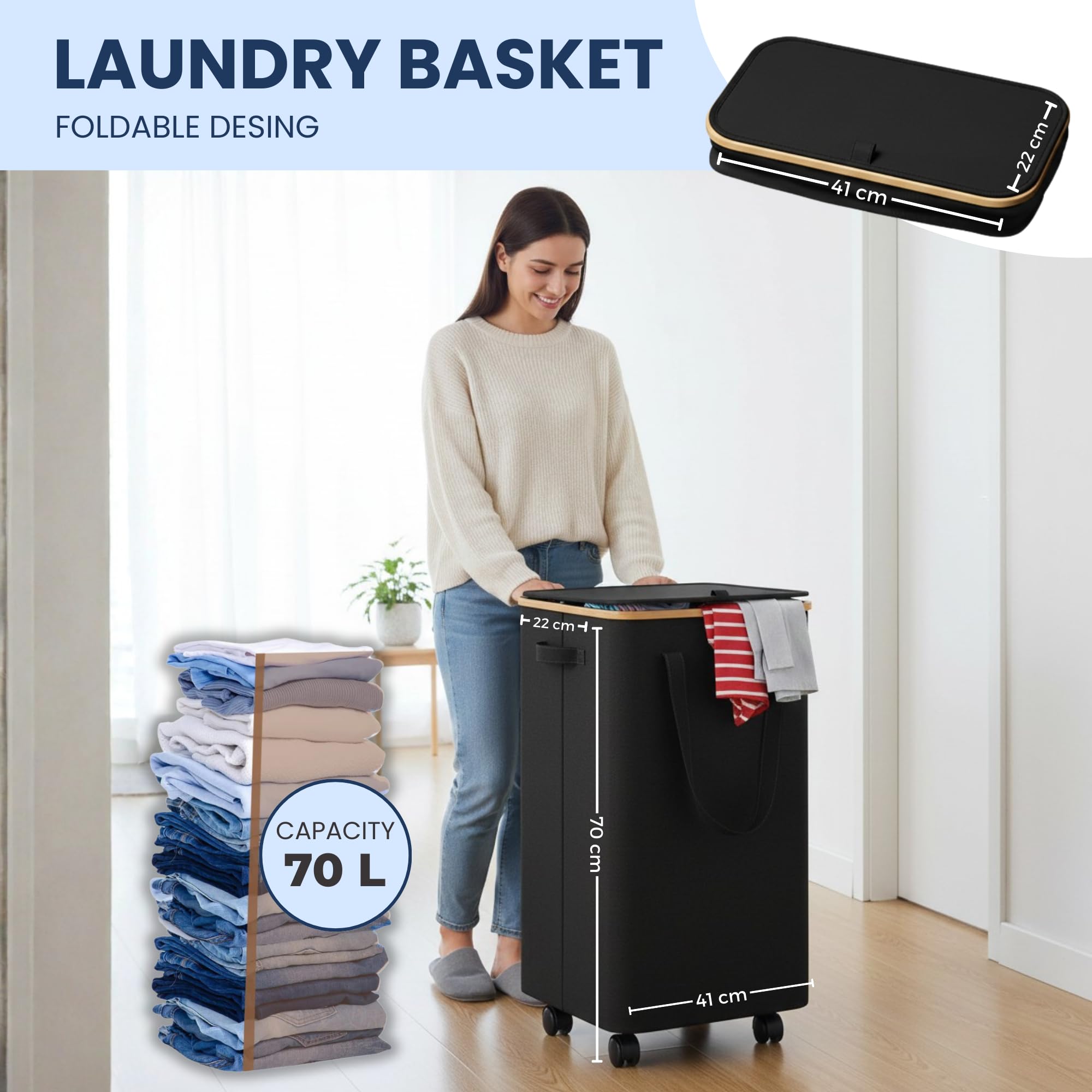 Cesto per Biancheria Sporco con Ruote e Coperchio 70L, Grande Cesto per Bucato Pieghevole con Sacco Interno Rimovibile e Maniglie, Ideale per Bagno, Camera e Lavanderia