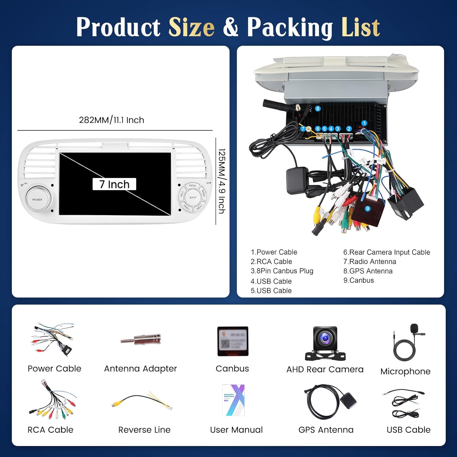 Diagram showing the Hikity Android Auto Radio unit dimensions and a comprehensive list of included accessories and cables.