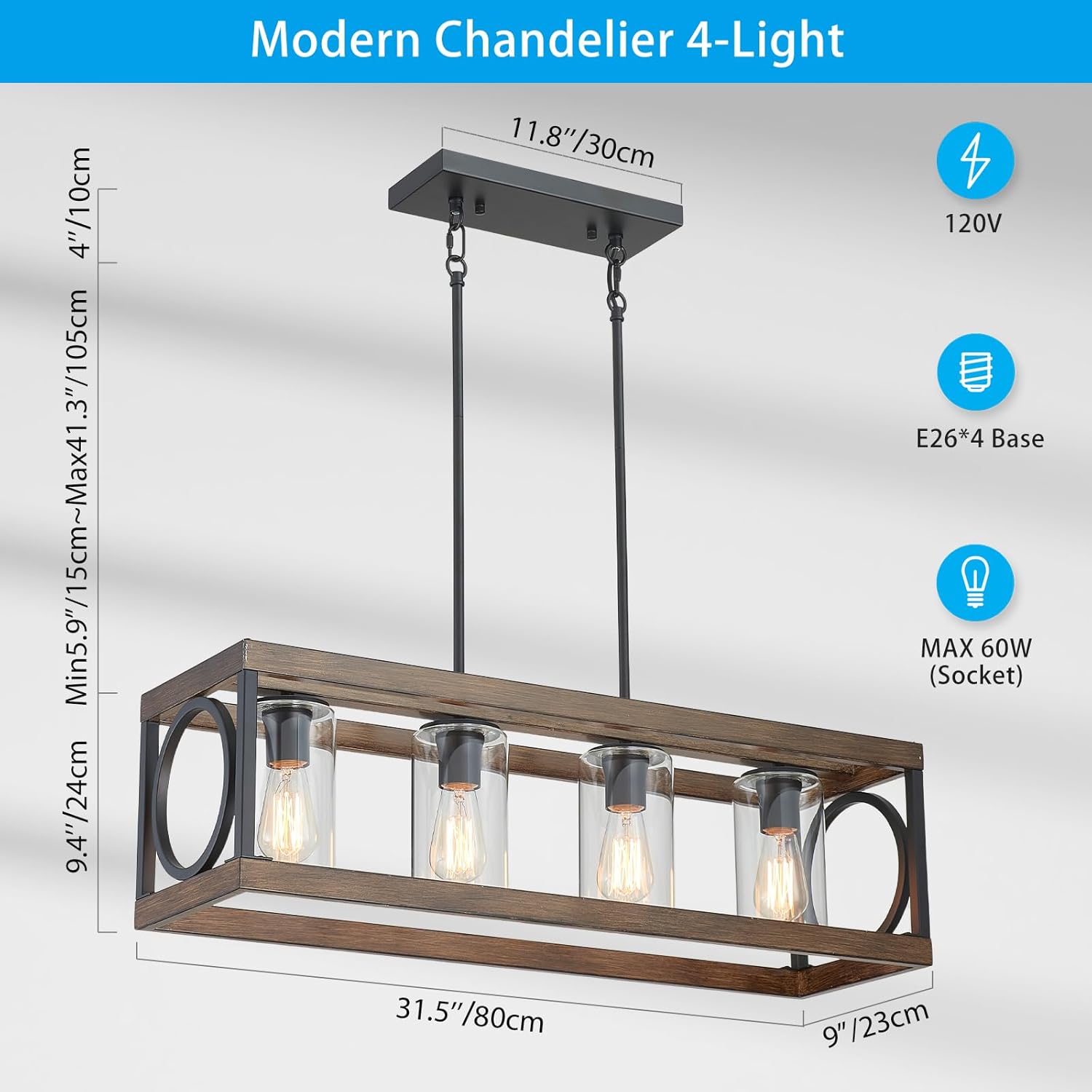 XINGQI 31.5" Industrial Rectangle Chandeliers for Kitchen Island Modern Farmhouse Vintage Linear Hanging 4-Light Fixture for Dining Room Living Room Office Black Wood Grain Finish with Glass Lampshade