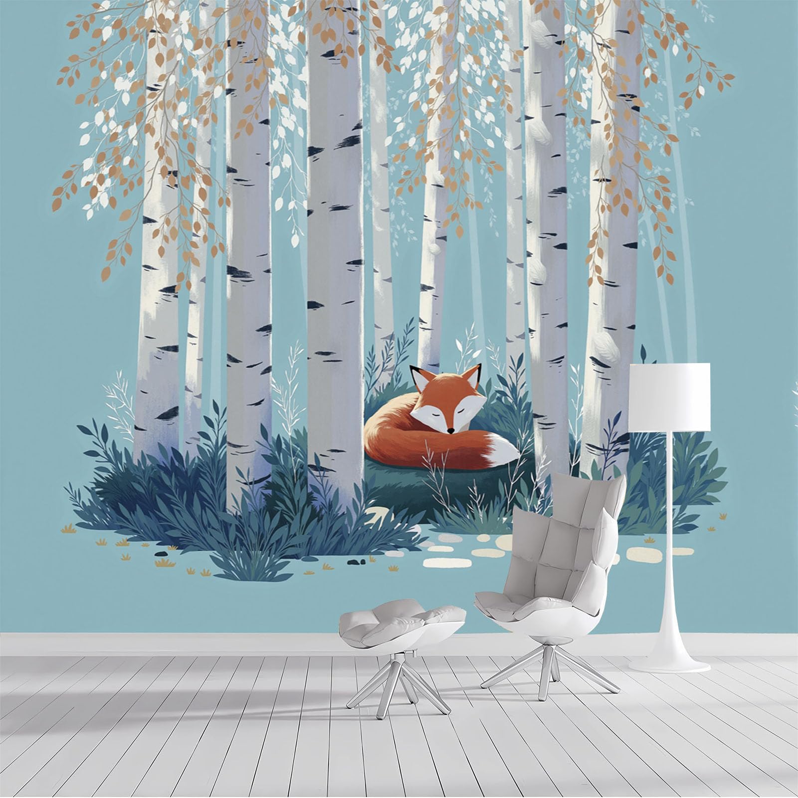 Papier peint 3D panoramique chambre forêt bouleaux grand format 450x315cm illustration bleu