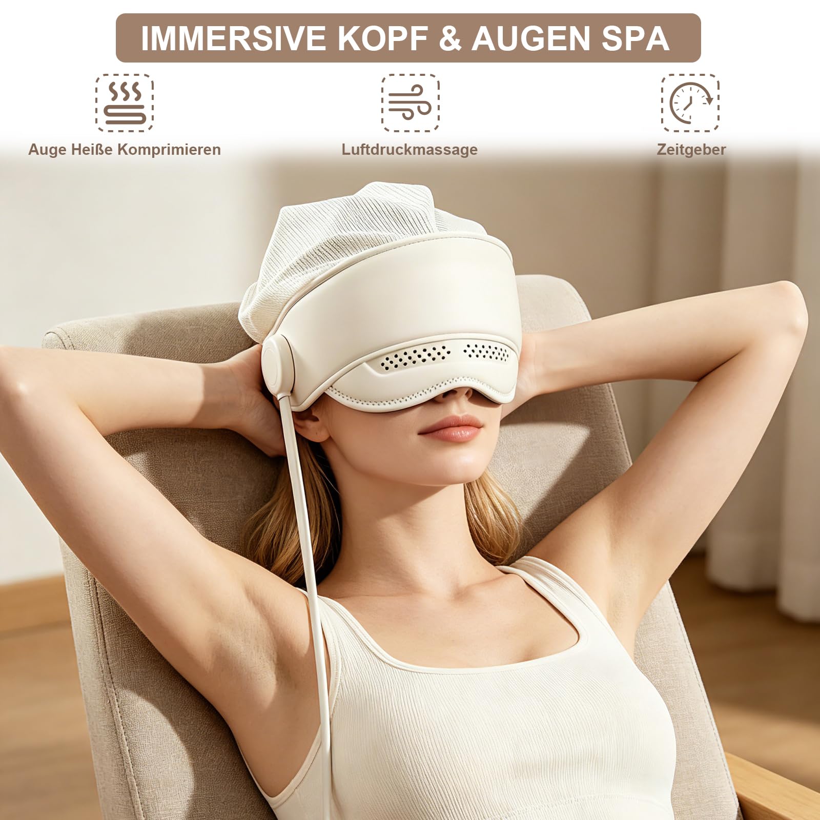 Elektrisches Kopfmassagegerät mit Hitze, 3 in 1 Kopf Augenmassager, 6-Zonen Surround Airbag Kopfhaut Massager mit Abnehmbarer Kapuze, 4 Massagemodi, Stresslinderung für Zuhause Büro Reisen