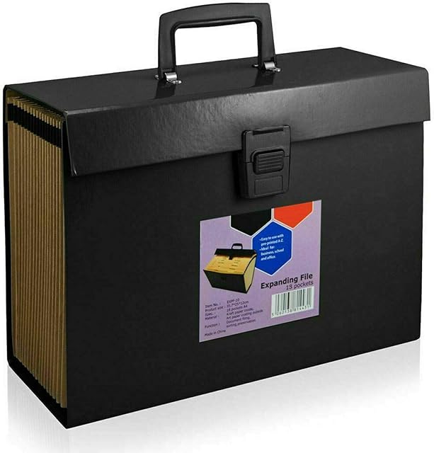 Almineez Large 18 Pocket A4 Expanding File Organiser Document Paper Folder Storage Holder with Snap Lock Clip & Carry Handle - Perfect for Home School Office Cabinet Letter Invoices (Black)