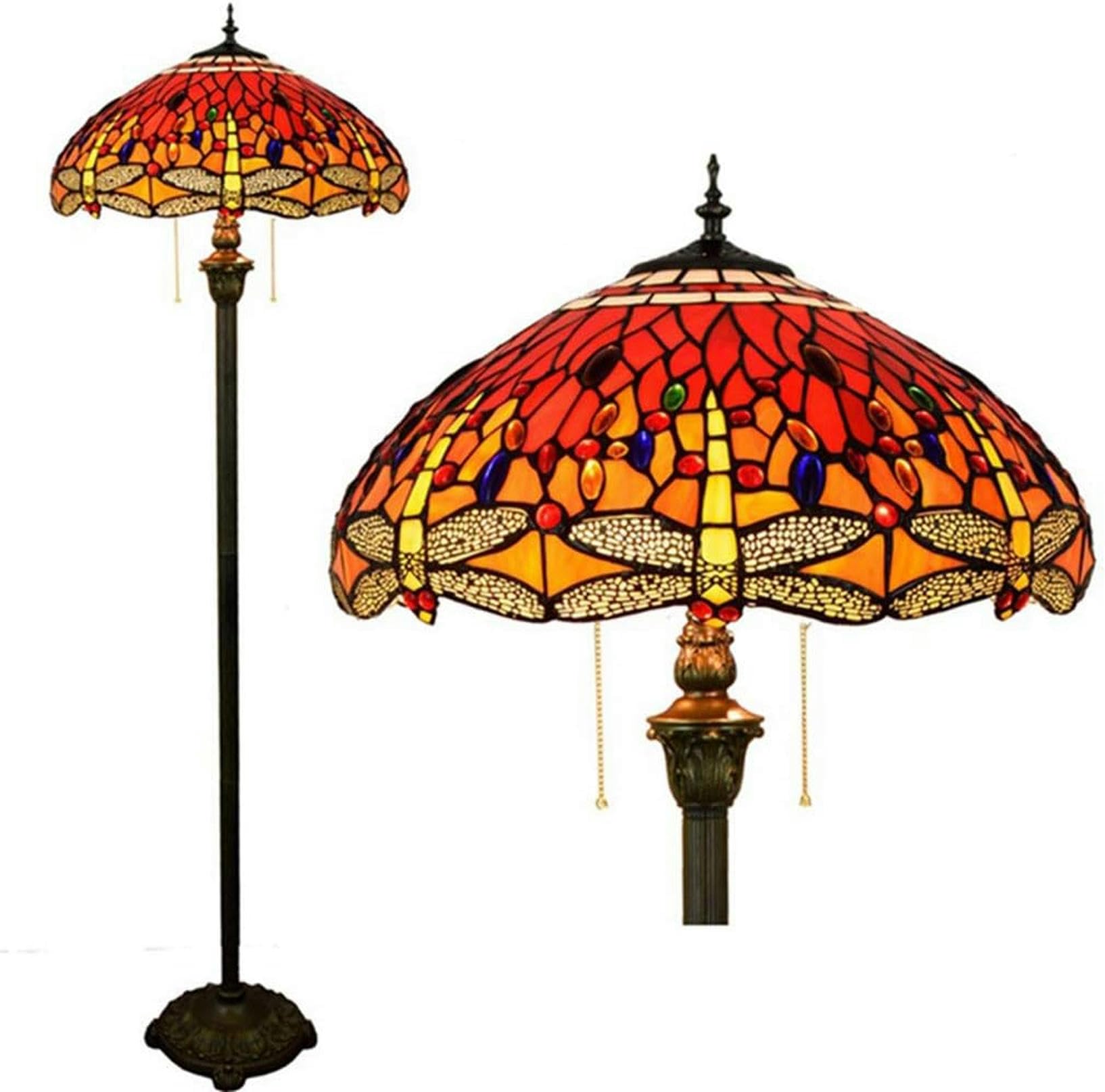 IUokLU Tiffany-Style Floor StandLamp 64 Inch Tall, Red Crystal Bead Dragonfly ReadLight Antique Base Form