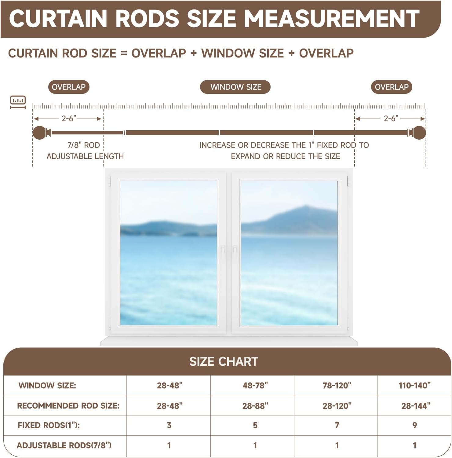 BRIOFOX Walnut Wood Curtain Rods for Windows 48 to 84 Inch(4-7.33ft) - 1'' Diameter Heavy Duty Curtain Rods with Imitation Wood Grain Pattern Finials,Adjustable Decorative Curtain Rods Set,28-88''