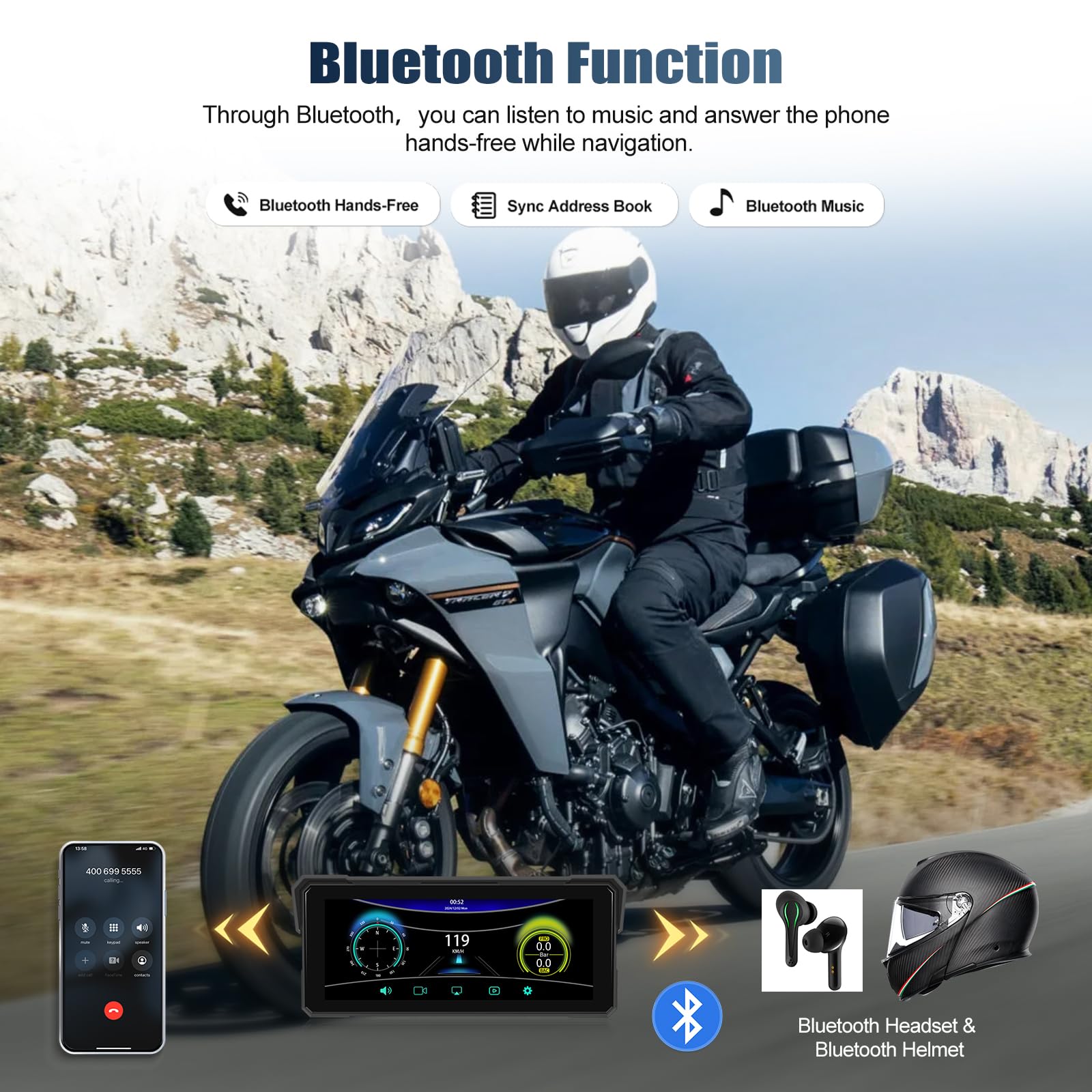 CAMECHO Wireless Carplay Moto Schermo per Moto, 8.1 pollici Navigatore moto con Doppia Telecamera AV/AR IP68, CarPlay & Android Auto Senza Fili, Bluetooth | HD 1600x600, Montaggio Universale