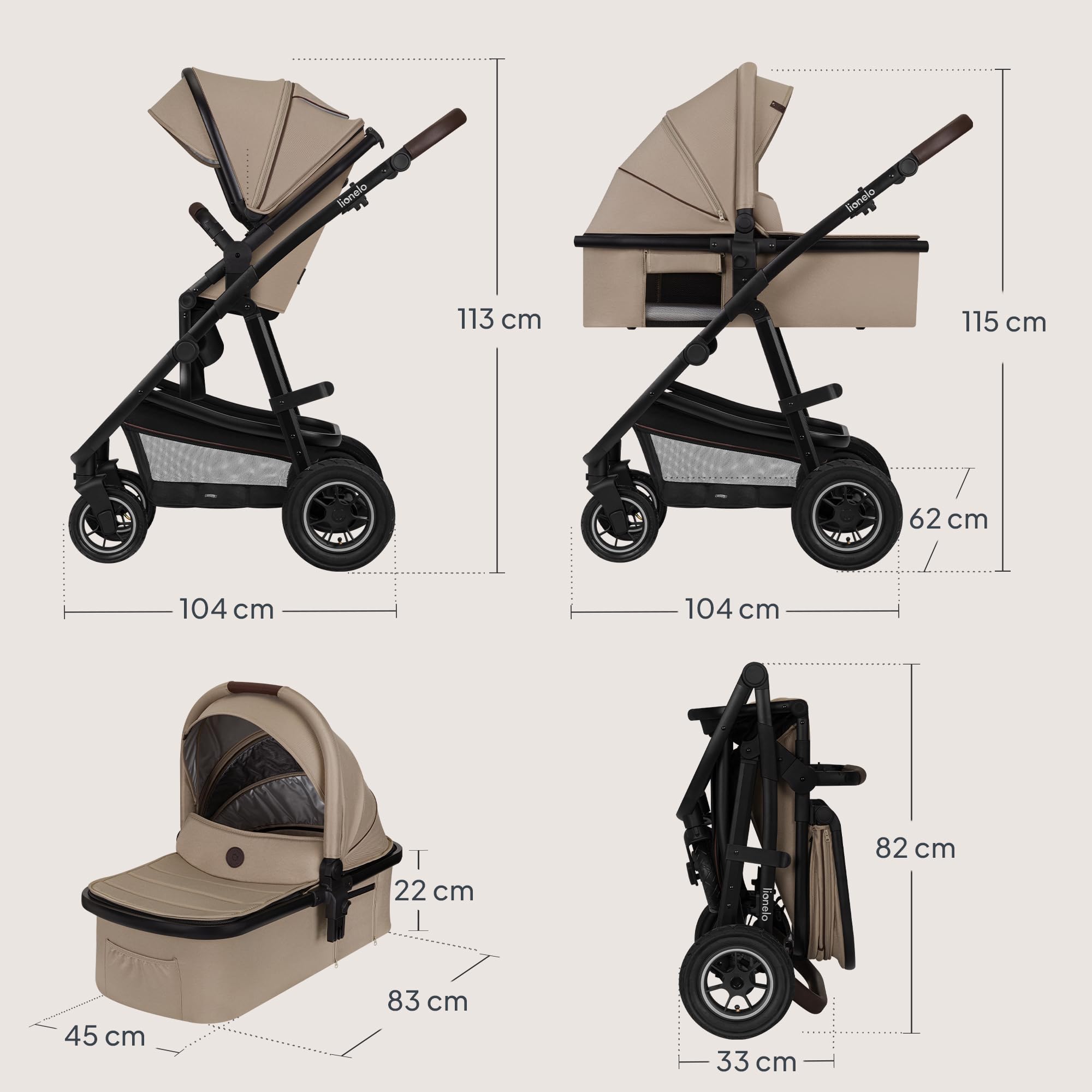LIONELO Amber 3-in-1 Kombikinderwagen Babywanne Sportsitz i-Size Autositz 40-87 cm Luftreifen wendbar XXL-Dach UPF 50+