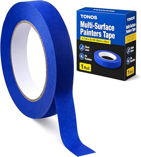 TONOS Blue Painters Tape, 0.7 in x 55 yd, 1 Roll, Multi-Surface Paint Tape for Painting, Medium Tack Blue Masking Tape, Painter's Tape No Residue, Easy Tear Blue Tape for Walls, Trim, Baseboards