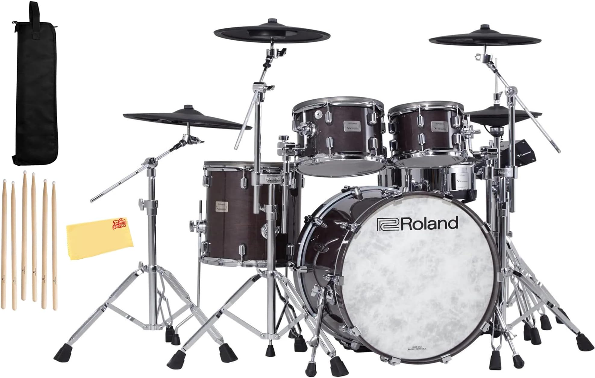 RolandVAD706-GE V-Drums Acoustic Design Electronic Drum Set Bundle with Drumstick Bag, 3 Pairs of Drumsticks, and Austin Bazaar Polishing Cloth - Gloss Ebony