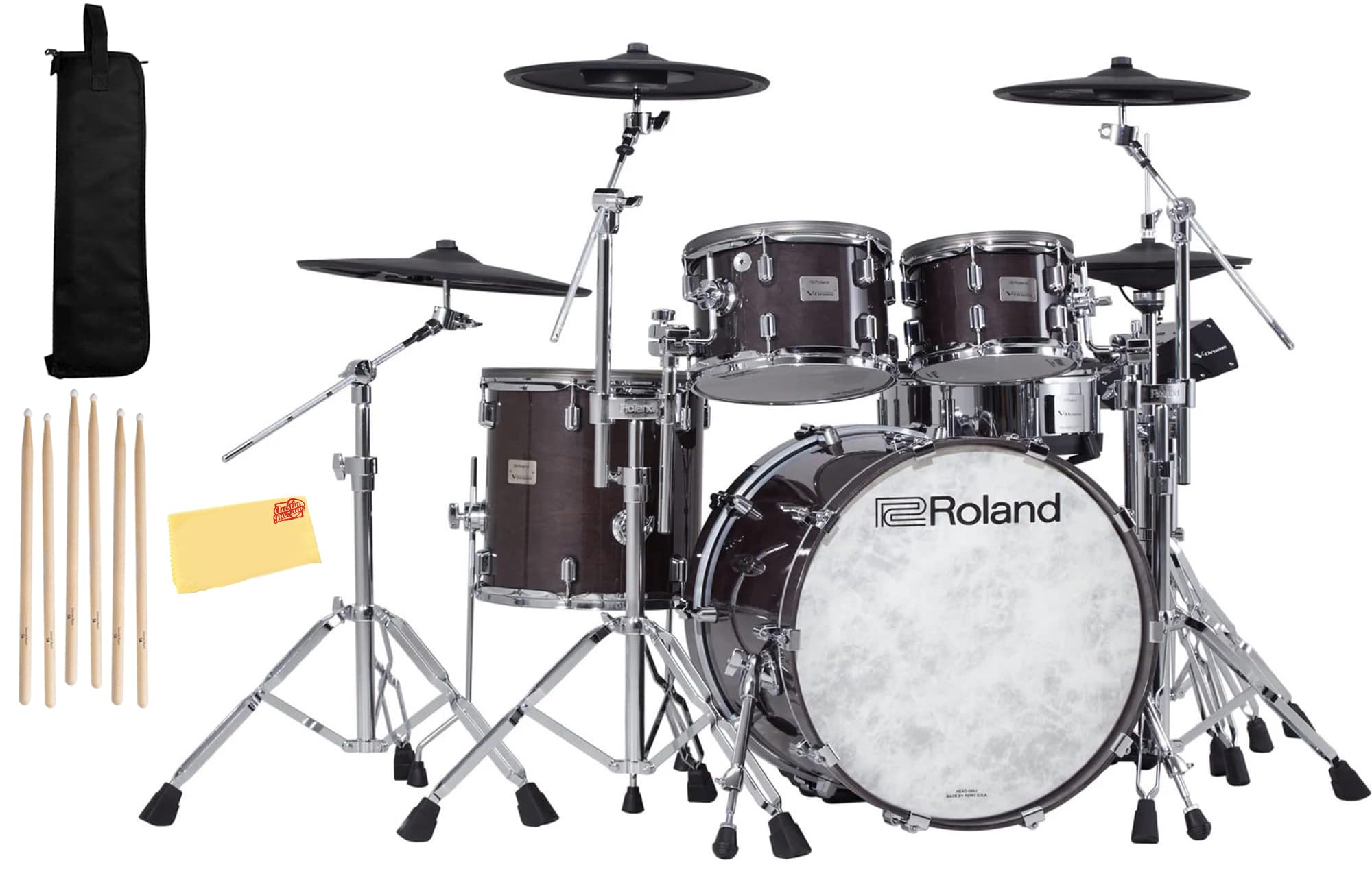 RolandVAD706-GE V-Drums Acoustic Design Electronic Drum Set Bundle with Drumstick Bag, 3 Pairs of Drumsticks, and Austin Bazaar Polishing Cloth - Gloss Ebony
