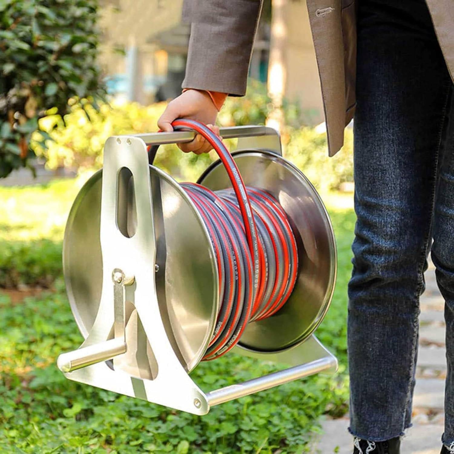 Avvolgitubo da giardino a parete, in lega di alluminio ad alta resistenza, raccordi in ottone, tubo dell'acqua ad alta pressione da 10 m con pistola ad acqua multifunzione per lavaggio e irrigazione