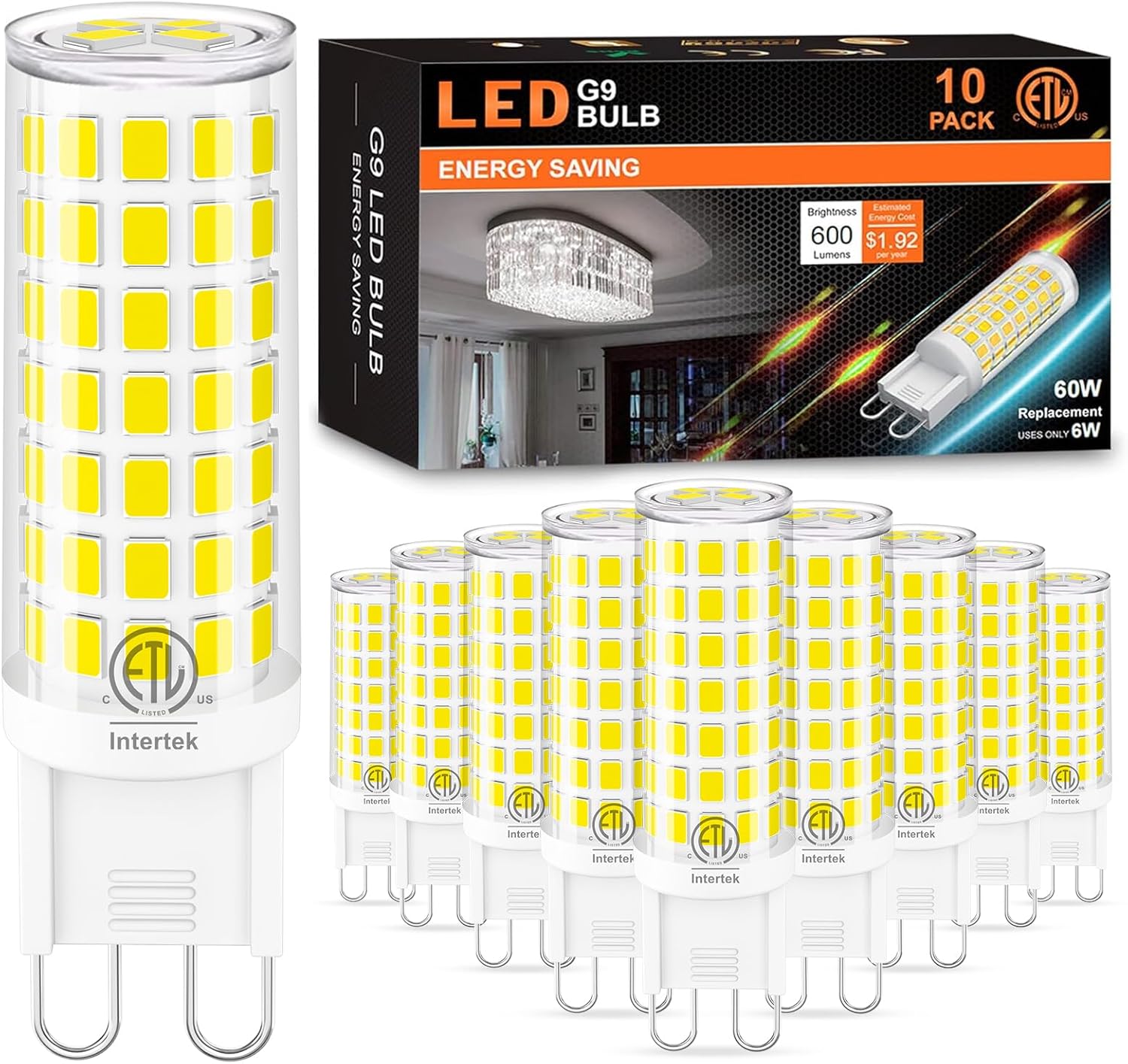 10 Pack G9 LED Bulb 6W (60W Halogen Replacement) 6000K Daylight T4 Chandelier Light Bulbs, Hansnag G9 Bi Pin Ceramic Base 600LM, AC120V 360°Beam Angle for Home Lighting, Non-Dimmable