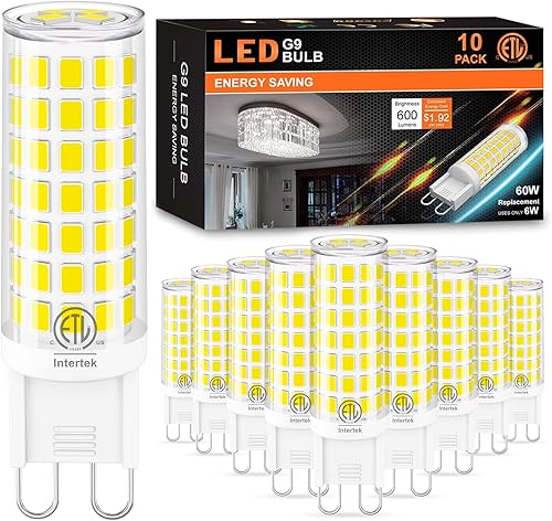 Paquete de 10 bombillas LED G9 de 6 W (reemplazo halógeno de 60 W) de luz diurna T4 de 6000 K, base de cerámica Hansnag G9 Bi Pin de 600 LM, ángulo