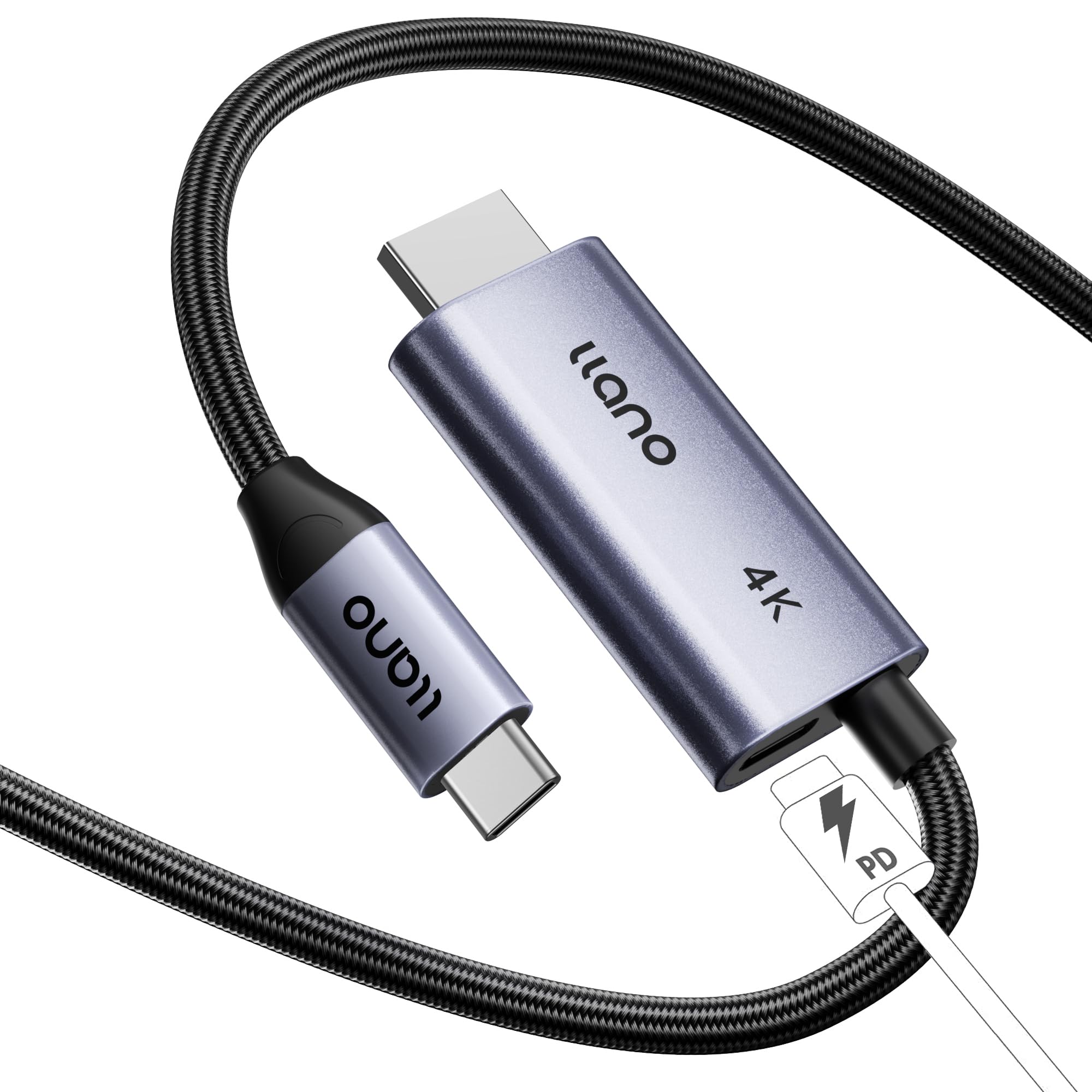 llano USB Typ C auf HDMI Kabel 4K 100W PD Schnellaufladung unterstützt 4K@60Hz 1080P@240/144Hz/120Hz, HDR/Dolby Atmos Kompatibel mit iPhone MacBook Mini iPad Galaxy mit USB C Anschluss usw. (2M)