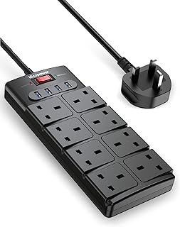 IECOPOWER 8 Way Extension Lead Surge Protection, 1050 Joules, 13A/ 3250W Power Strip Surge Protector with 4 USB Slots, Wall Mount Multi Socket Plug Extension Cord 1.5m Black