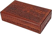 StoreIndya Handcrafted Rosewood Jewelry Box - Antique Finish Floral Carvings, Multipurpose Organizer 8x5x2.5in