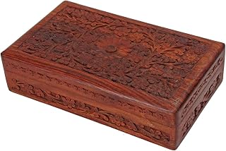 StoreIndya Handcrafted Rosewood Jewelry Box - Antique Finish Floral Carvings, Multipurpose Organizer 8x5x2.5in