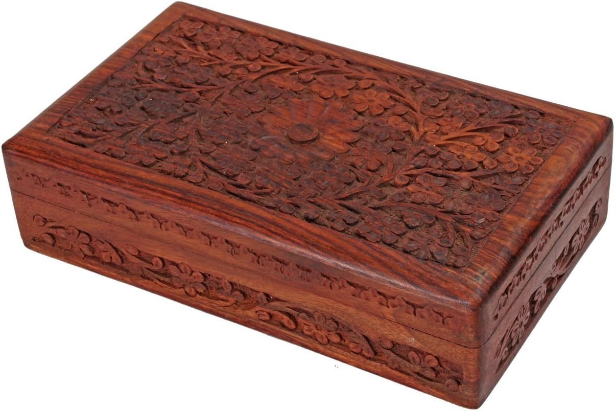 Antique Finished Wooden Jewellery Box Organiser Multipurpose Handcrafted with Floral Carvings