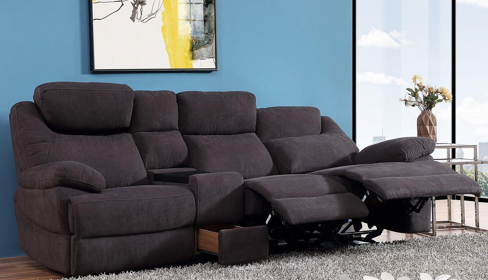 MAPO 3581 3-Sitzer Multimediasofa elektrisch verstellbar | Relaxsofa aus Mikrofaser mit Cupholder, USB & Wireless Charging | Wohnzimmer & Heimkino | Mittelgrau