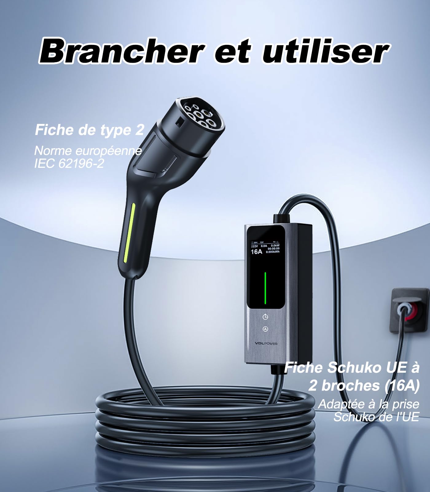 Chargeur Voiture Electrique | 6-16A | 11kW | 5 Mètre Type 2- Triphasé CEE Portable EV Chargeur Station de Charge Mobile/Wallbox, Puissance réglable, Temps de réglage