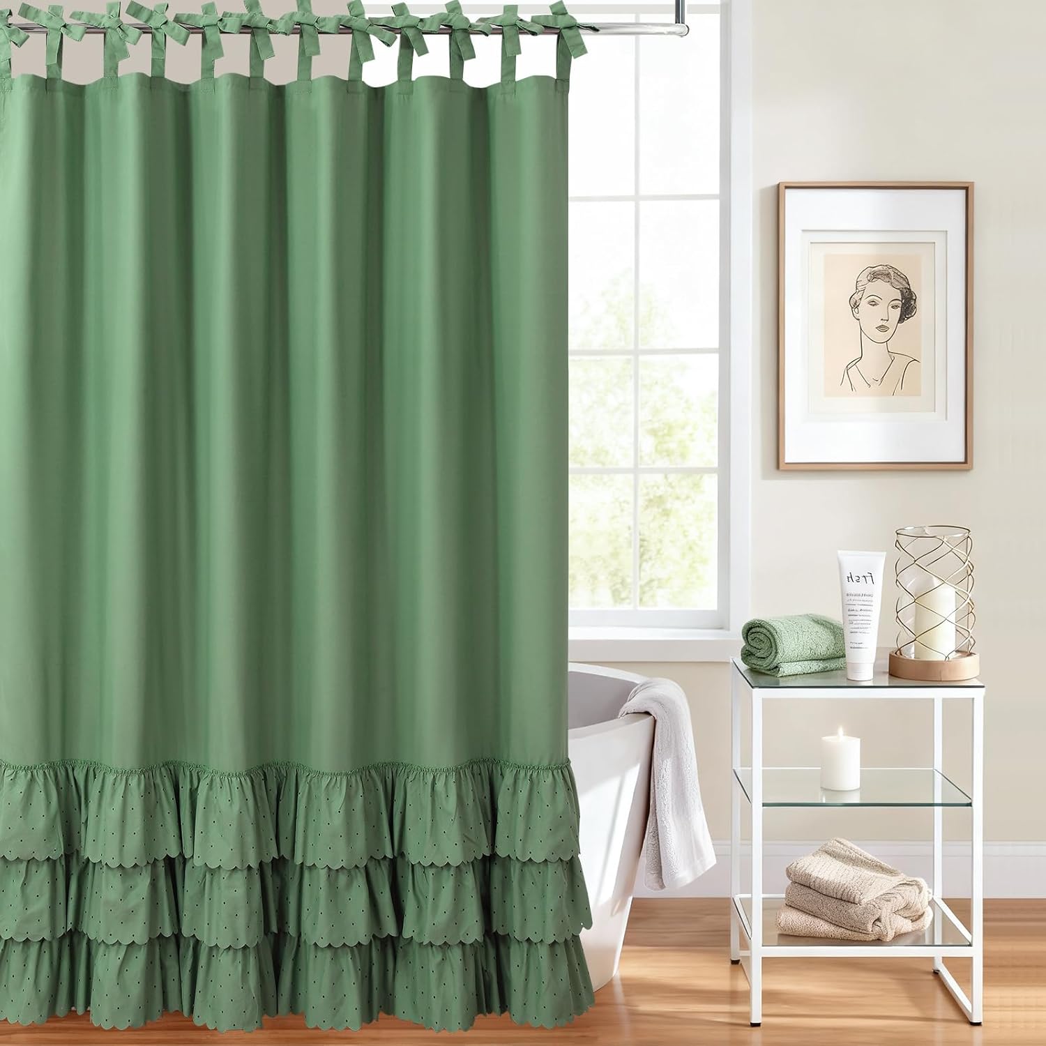 Adjustable Bow-Tie Top Green Ruffle Shower Curtain for Girls Women, Delicate Fabric Shower Curtain with Handcrafted Ruffles and Small Holes, Waterproof Ruched Farmhouse Bathroom Curtain, 72"W x 72"H