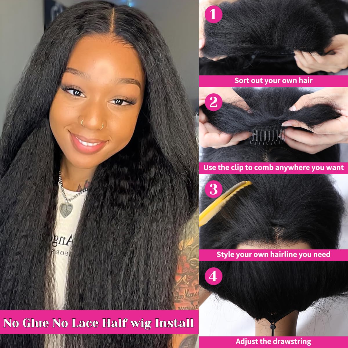 22 Inch Kinky Straight 3 in 1 Half Wig Human Hair for Women 180% Density Glueless Wear & Go No Lace Flip Over Headband Wig Kinkystraight Beginner Friendly Seamless Clip In Wigs