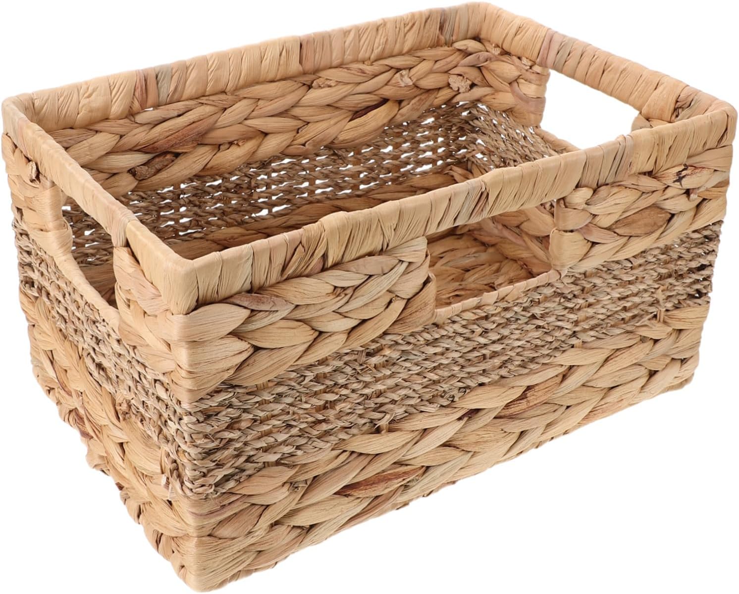 Abaodam Portable Woven Basket with Handle Medium-sized Straw Storage Organizer for Fruits Snacks Bread and Household Items Open Top Gathering Basket for Kitchen Garden Picnic and Home Use