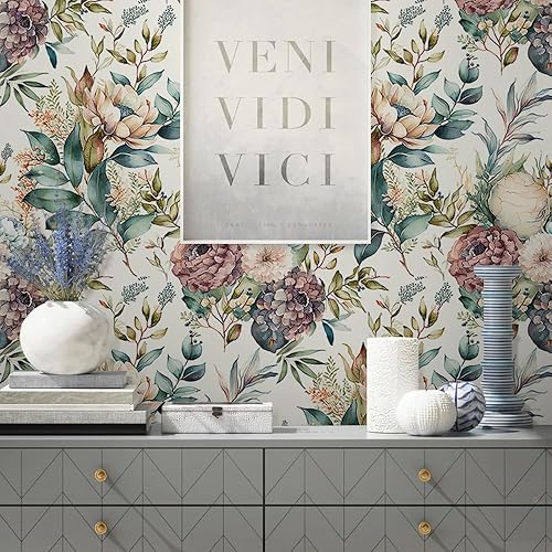 Miniatura 4 de Papel tapiz autoadhesivo con diseño de peonías y flores blancas pálidas, estilo bohemio, autoadhesivo, extraíble, fácil de despegar, para