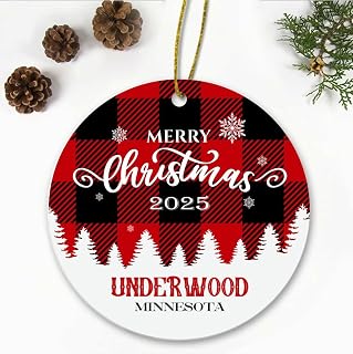 Merry Christmas Underwood Minnesota Ornament2025 - Xmas Holiday Keepsake for Decor Underwood MN Ornament Souvenir Gift Family Friends - New Home Ornament 3" Plastic