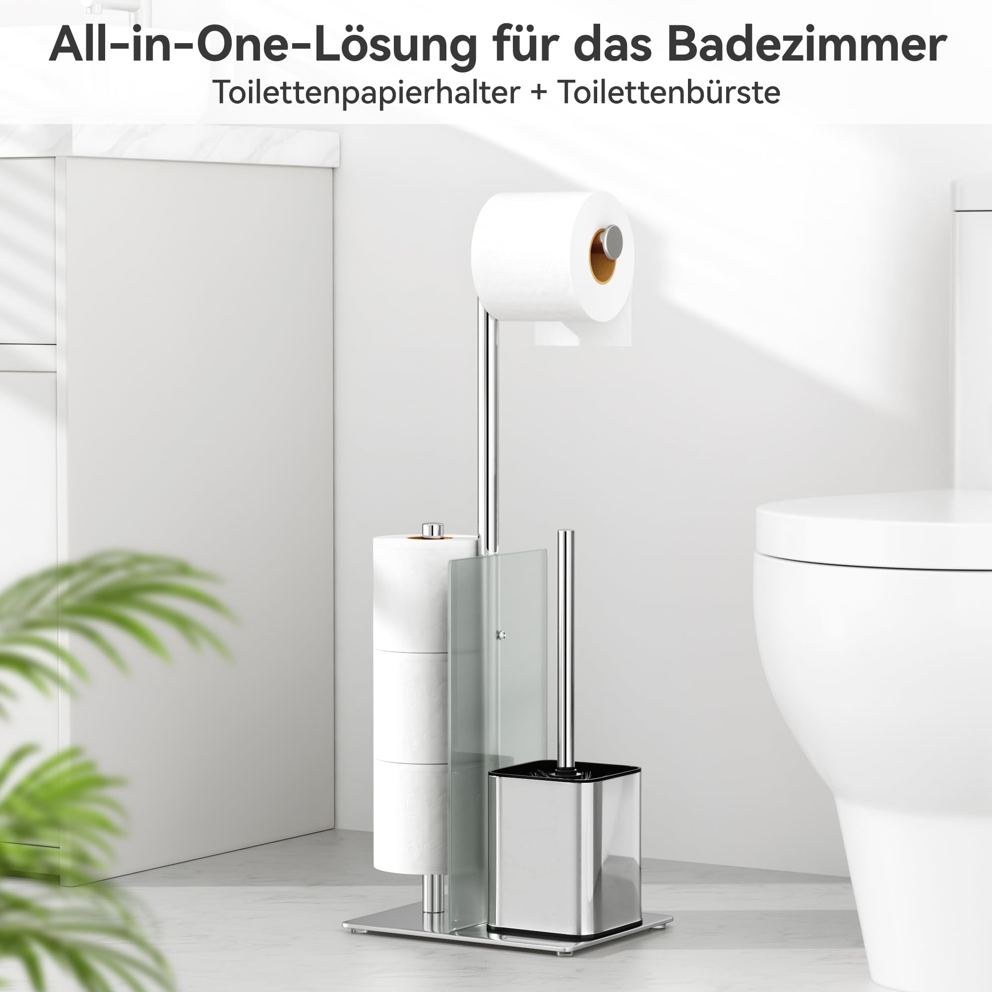 Toilettenpapierhalter Stehend mit WC Bürste - Toilettenbürste und Klorollenhalter Stehend mit Glasregal, Ohne Bohren, Edelstahl WC Garnitur mit Klopapierhalter Stehend und Klobürste (Silber)