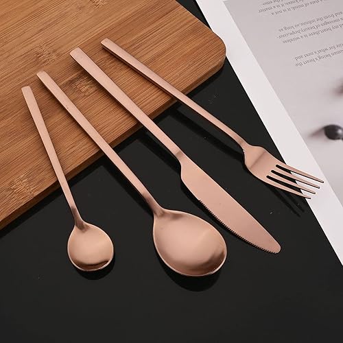 Miniatura 8 de JASHII Juego de cubiertos cepillados, 24 piezas de acero inoxidable, servicio para 6, cucharas y tenedores de cuchillos mate, juego de cucharas con