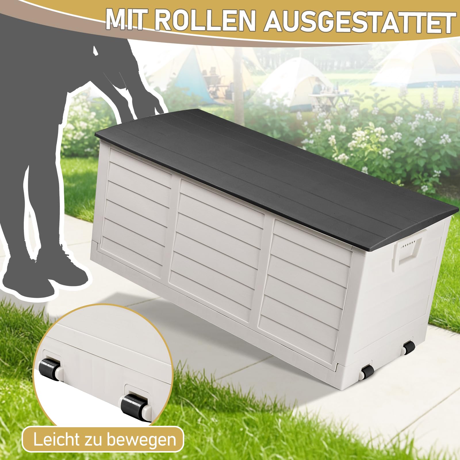Faltbarer Gartenbox, 284L Fassungsvermögen mit Griffen und Rädern - Wasserfest und UV-beständig, Auflagenbox geeignet für Terrassen, Balkone, Wohnzimmer und Wintergärten, Schwarzweiß