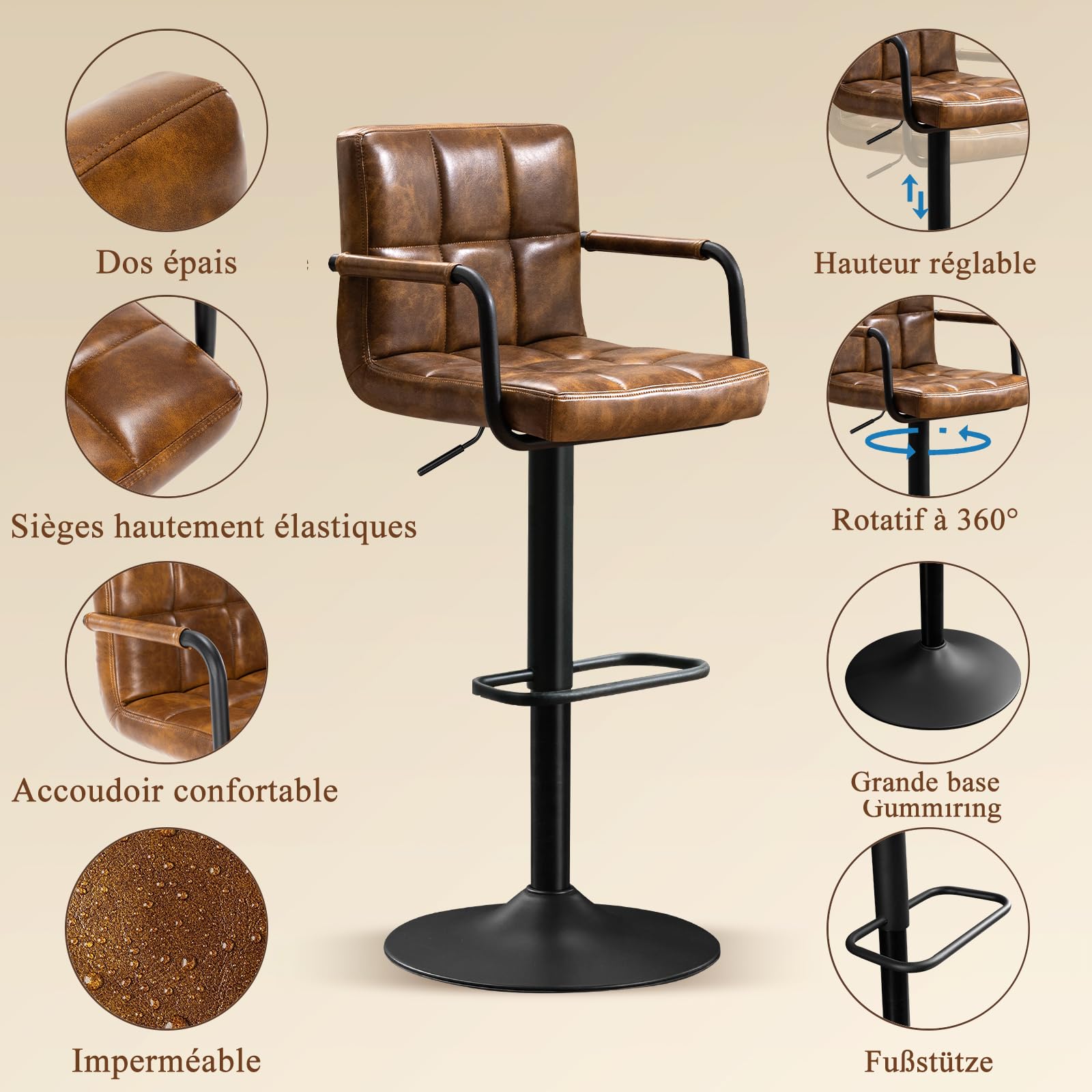 Barhocker 2er Set, Barstuhl höhenverstellbar aus PU-Leder, 360°Drehstuhl Küchenstuhl mit Armlehnen, Rückenlehne und Fußstütze für Küche, Wohnzimmer, Esszimmer, Gelbbraun