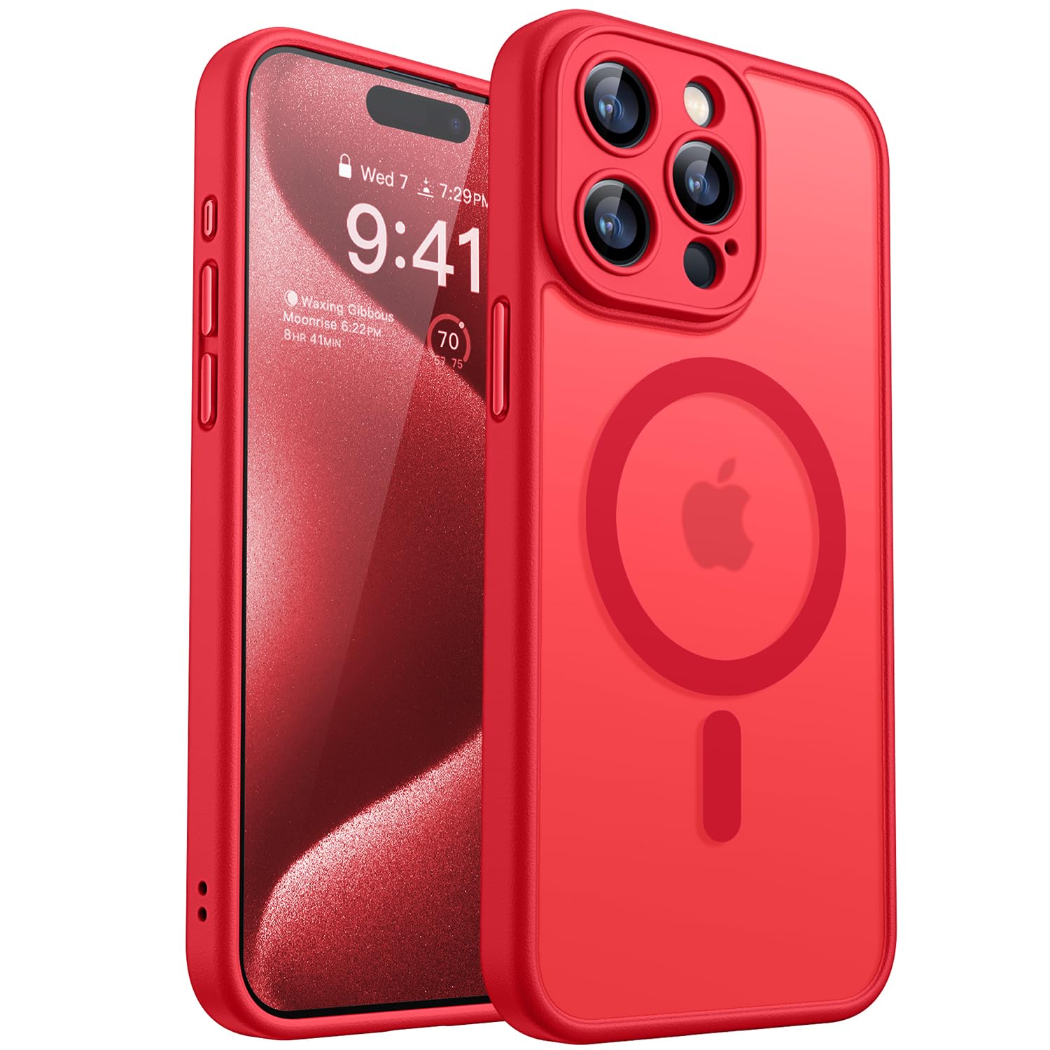 CANSHN Cover Magnetica per iPhone 15 Pro Max, Compatibile con MagSafe, [Protezione Completa Della Fotocamera], Custodia Traslucida Opaca Protettiva Sottile Antiurto 6,7 Pollici - Rosso