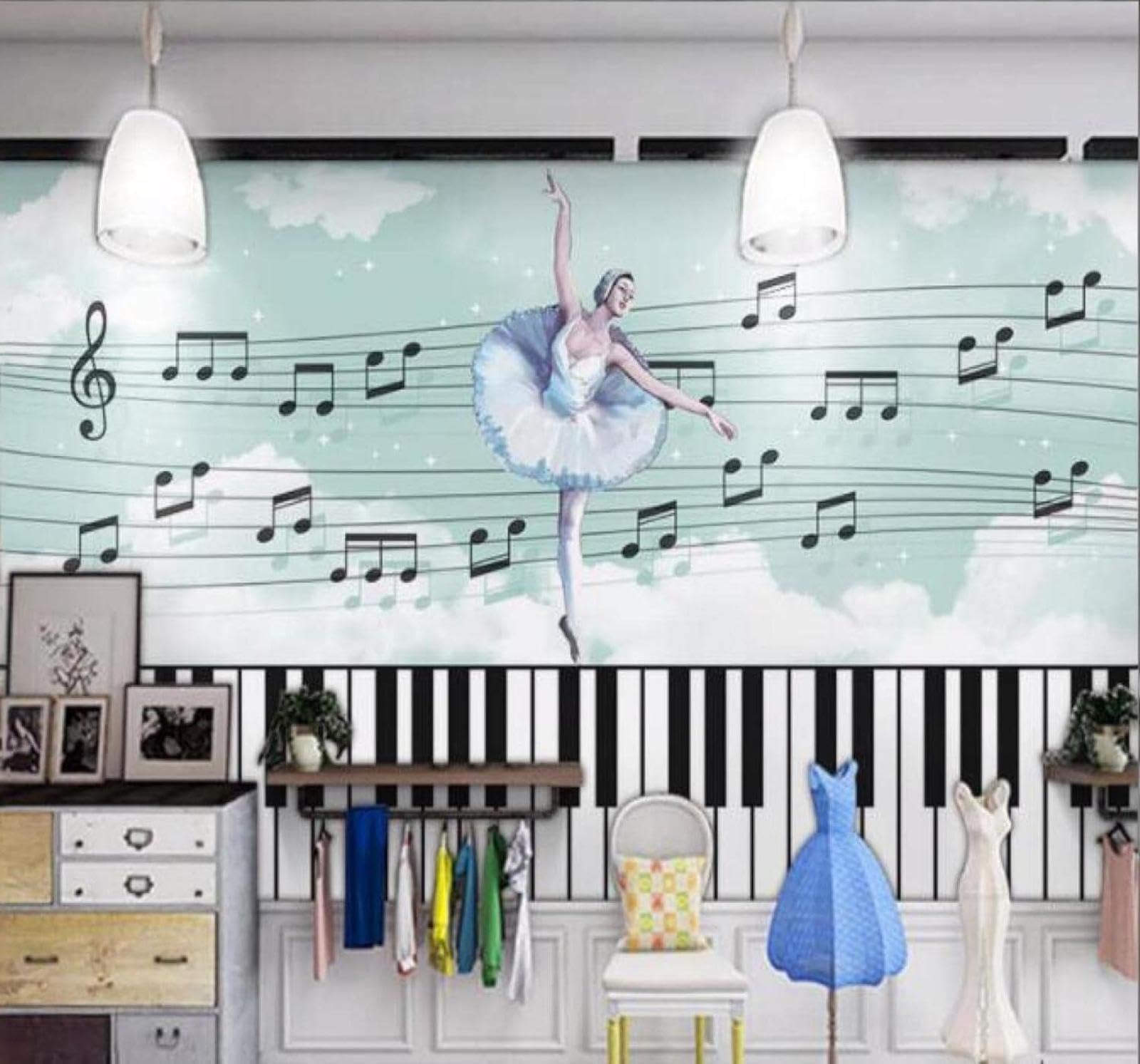 Papier peint 3D notes de musique frais vert pour un salon elegant et apaisant